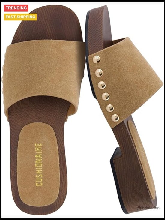 Shoes - Vegan Suede Slides with Studded Detail, Low Heeled Dress Sandals